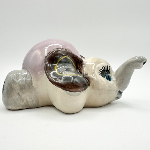 Studio Pottery Elephant Piggy Bank Hand Painted w Stopper Signed Juliana Vintage - Picture 10 of 13